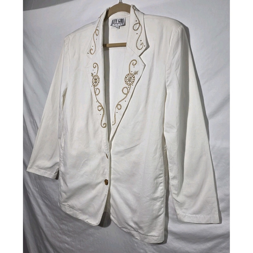 90s City Girl Sport Blazer Gold Embroidery Trim Sz 12 Nautical Coastal Grandma - Picture 2 of 12